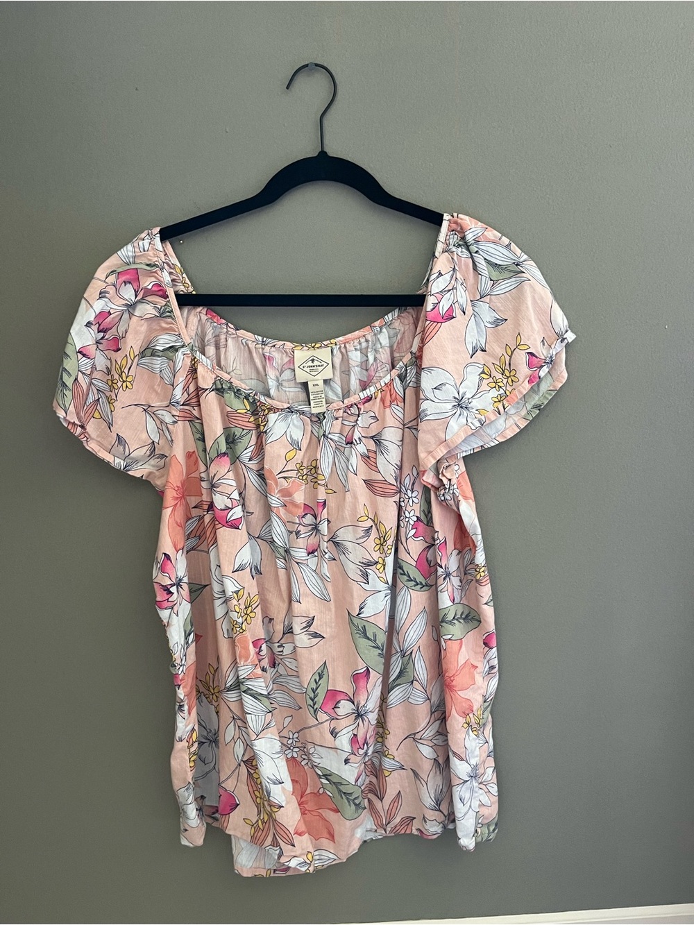 St. John’s Bay XXL Peach-Pink Floral Flutter Short Sleeve Blouse Top Versatile